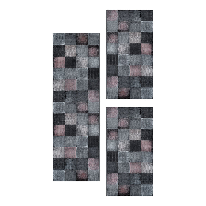 Teppich Läufer Set Schlafzimmer Kurzflor Weich Bettumrandung Design Grau Pink