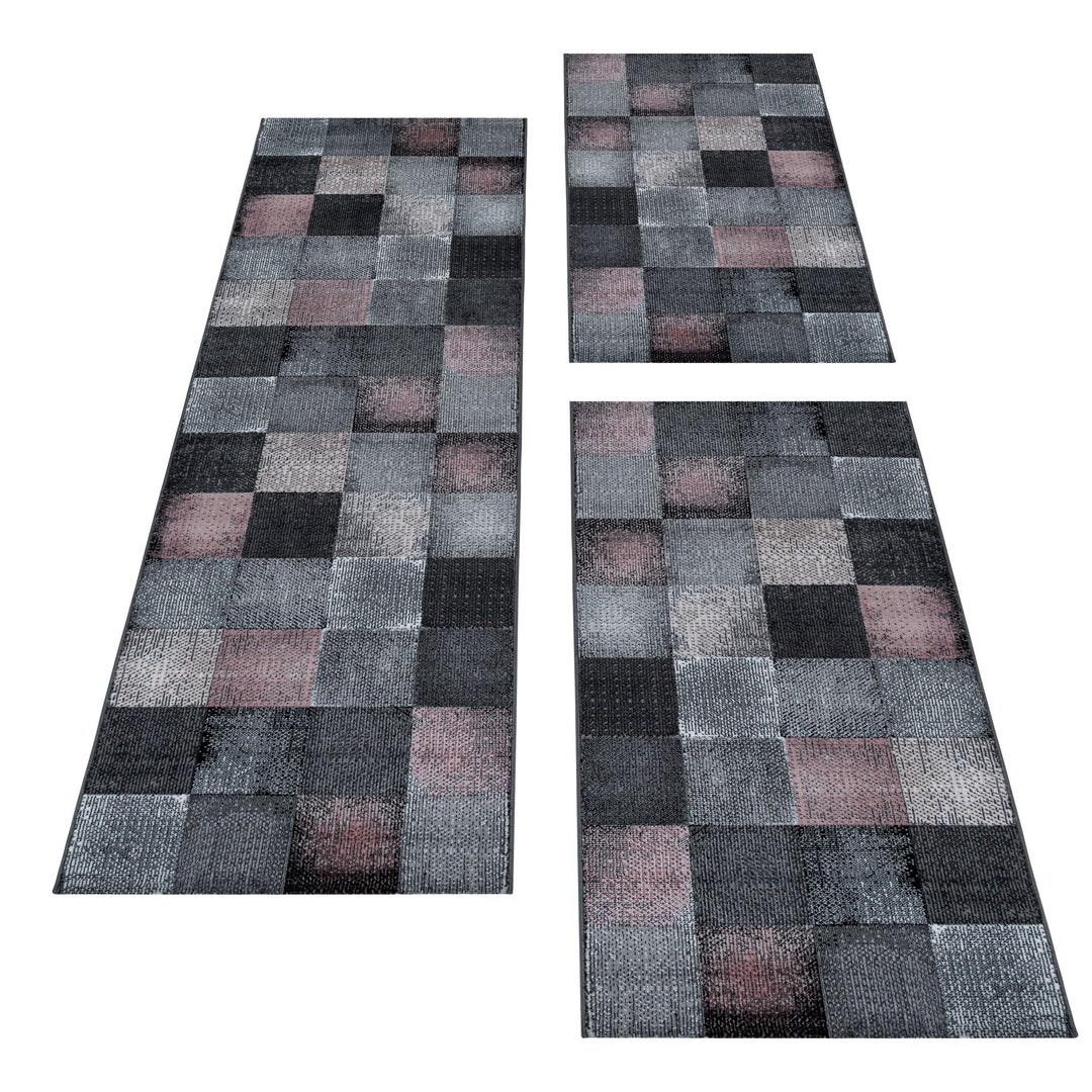 Teppich Läufer Set Schlafzimmer Kurzflor Weich Bettumrandung Design Grau Pink