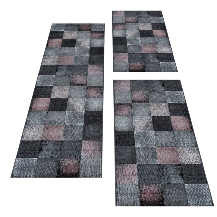 Teppich Läufer Set Schlafzimmer Kurzflor Weich Bettumrandung Design Grau Pink