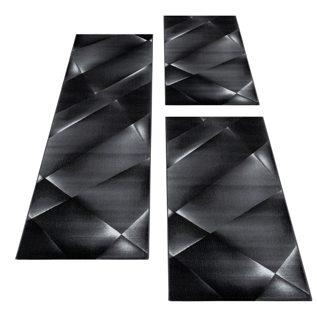 Teppich Läufer Set Schlafzimmer Kurzflor Weich Bettumrandung Schwarz Grau Design