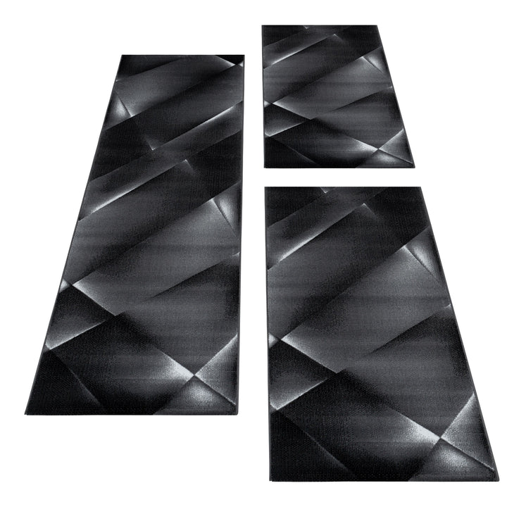 Teppich Läufer Set Schlafzimmer Kurzflor Weich Bettumrandung Schwarz Grau Design