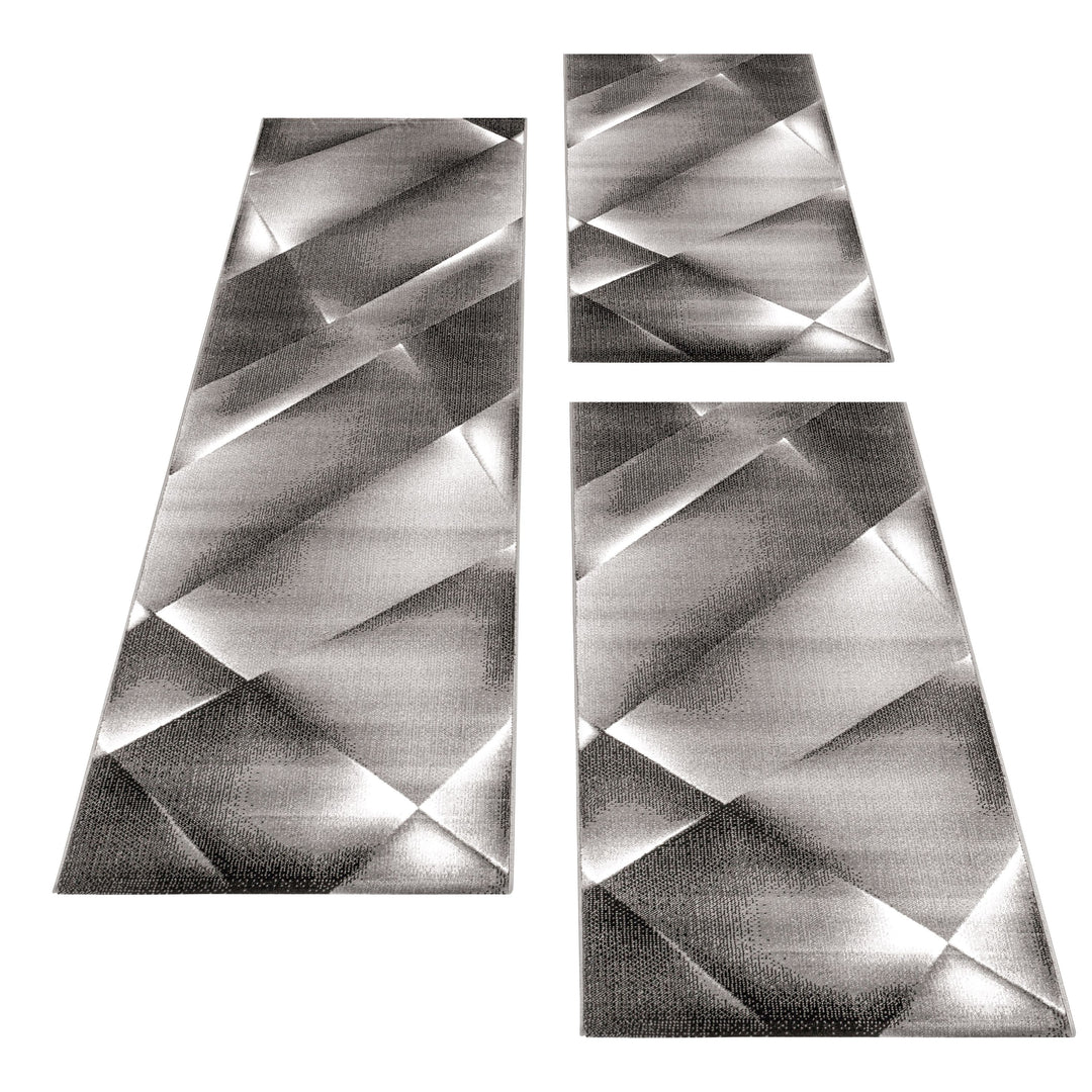 Teppich Läufer Set Schlafzimmer Kurzflor Bettumrandung Design Abstrakt Braun