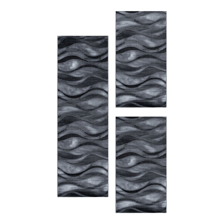 Teppich Läufer Set Schlafzimmer Kurzflor Bettumrandung Wellen Muster Schwarz