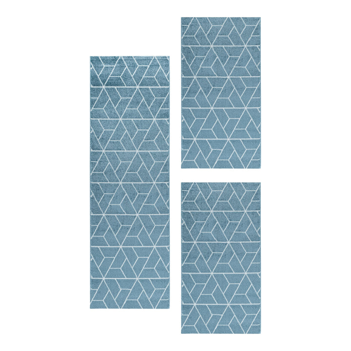 Teppich Läufer Set POWER Schlafzimmer Kurzflor Bettumrandung 3 Teile Geometrisch