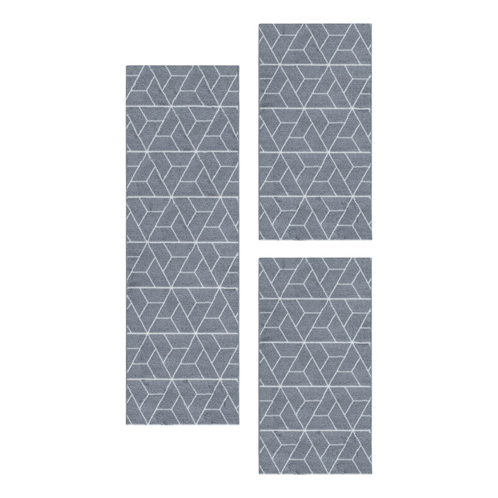 Teppich Läufer Set POWER Schlafzimmer Kurzflor Bettumrandung 3 Teile Geometrisch