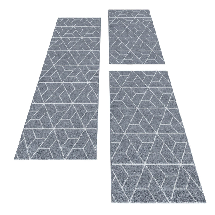 Teppich Läufer Set POWER Schlafzimmer Kurzflor Bettumrandung 3 Teile Geometrisch