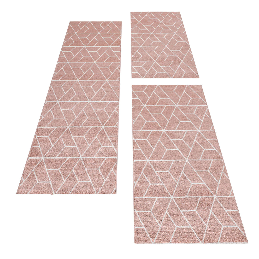 Teppich Läufer Set POWER Schlafzimmer Kurzflor Bettumrandung 3 Teile Geometrisch