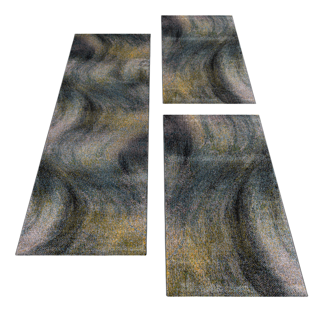 Teppich Läufer Set TARIO Schlafzimmer Kurzflor Bettumrandung 3 Teile Marmoriert