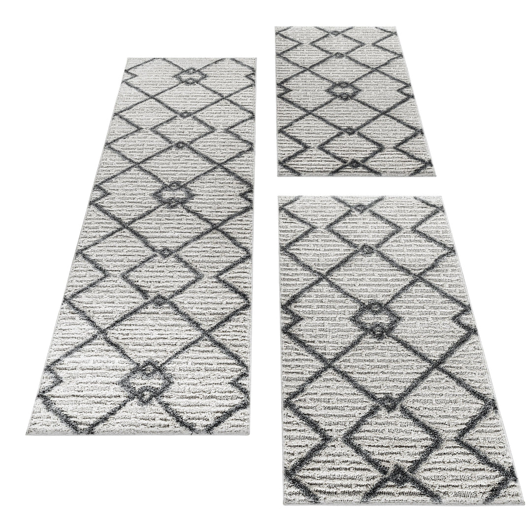 Teppich Läufer Set PIA Schlafzimmer Kurzflor Bettumrandung 3 Teile Gitter