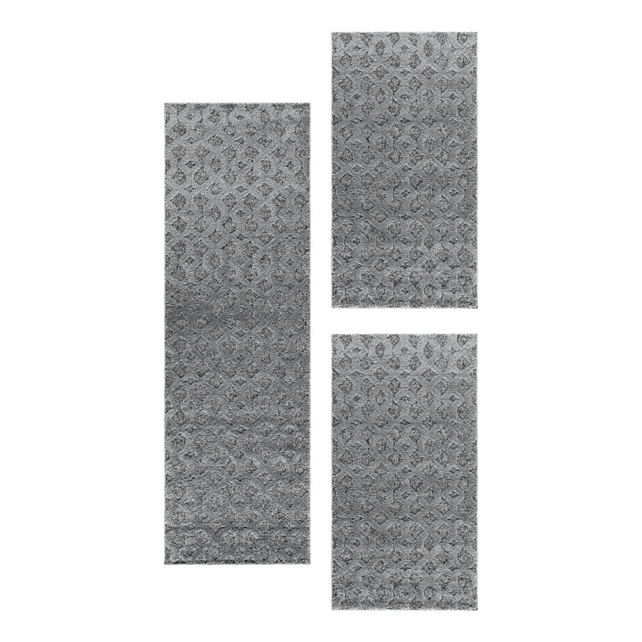 Teppich Läufer Set PIA Schlafzimmer Kurzflor Bettumrandung 3 Teile Gitter