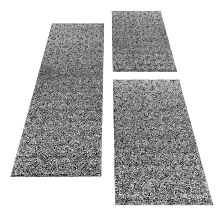 Teppich Läufer Set PIA Schlafzimmer Kurzflor Bettumrandung 3 Teile Gitter