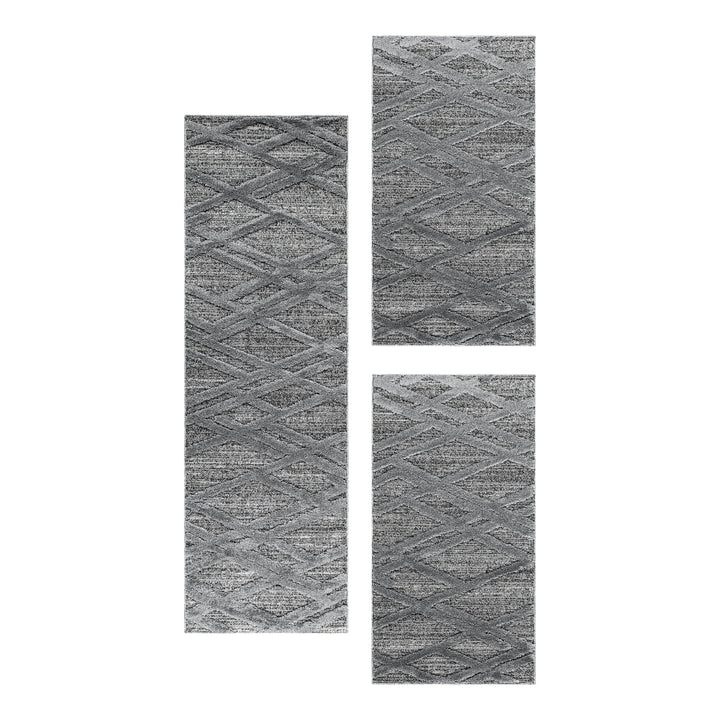 Teppich Läufer Set PIA Schlafzimmer Kurzflor Bettumrandung 3 Teile Wellen