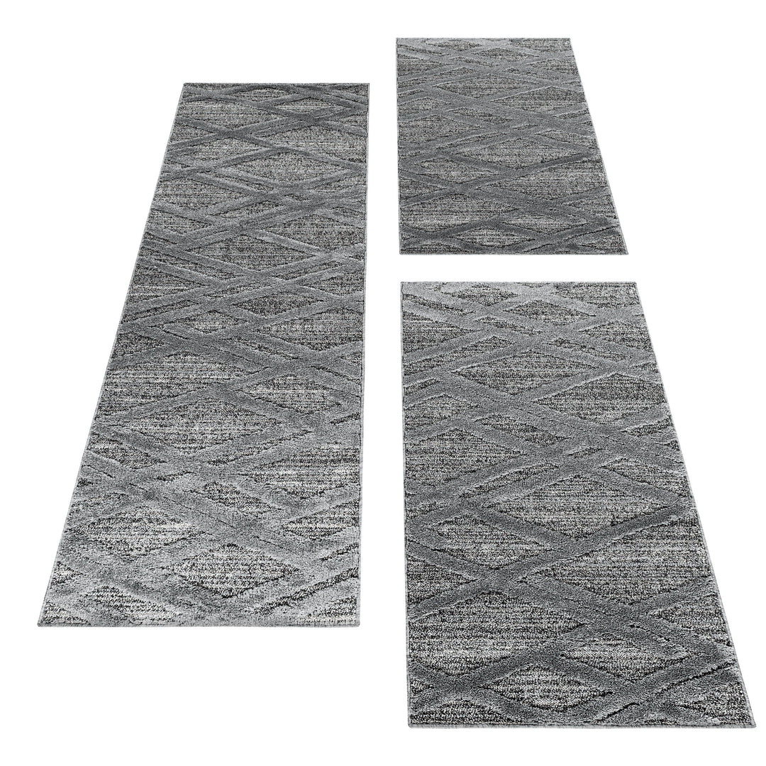 Teppich Läufer Set PIA Schlafzimmer Kurzflor Bettumrandung 3 Teile Wellen