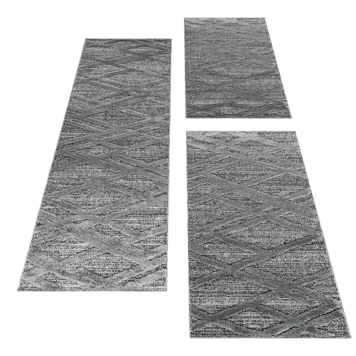 Teppich Läufer Set PIA Schlafzimmer Kurzflor Bettumrandung 3 Teile Wellen