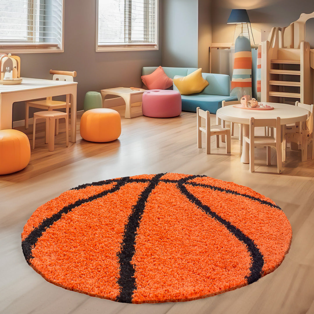 Hochflor Kinderteppich Rund Fußball und Basketball Design Teppich Kinderzimmer Junge Runder Teppich Babyteppich Spielteppich für Junge und Mädchen Extra Weich