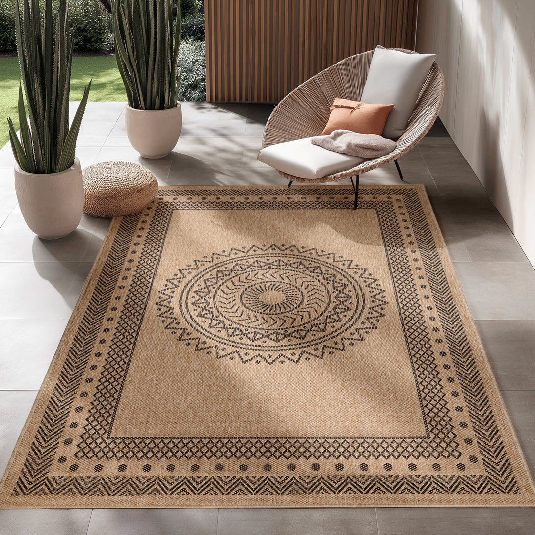 Wetterfest Outdoor-Teppich Sisal Natur-Optik Küche, Garten, Balkon Teppich Flachgewebe 3 mm Florhöhe Beige Schwarz