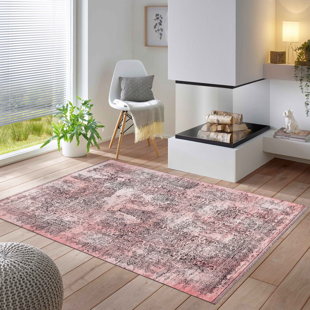 Kurzflor Dünner Teppich Vintage Design Rosa viskose optik Teppich Wohn – Simpex24