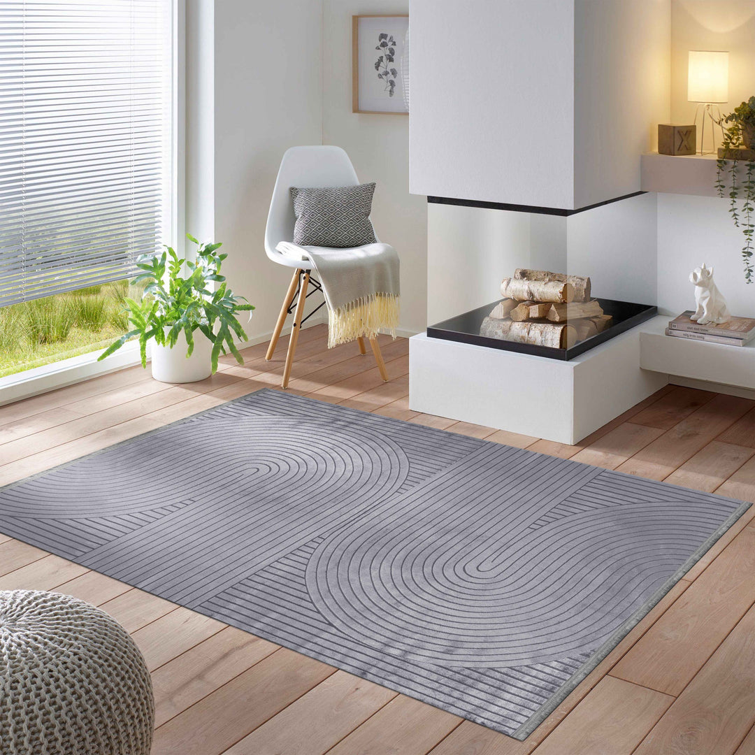 Modern Designer Wohnzimmer Teppich Einfarbig Grau Boho-Stil Waschbar A – Simpex24