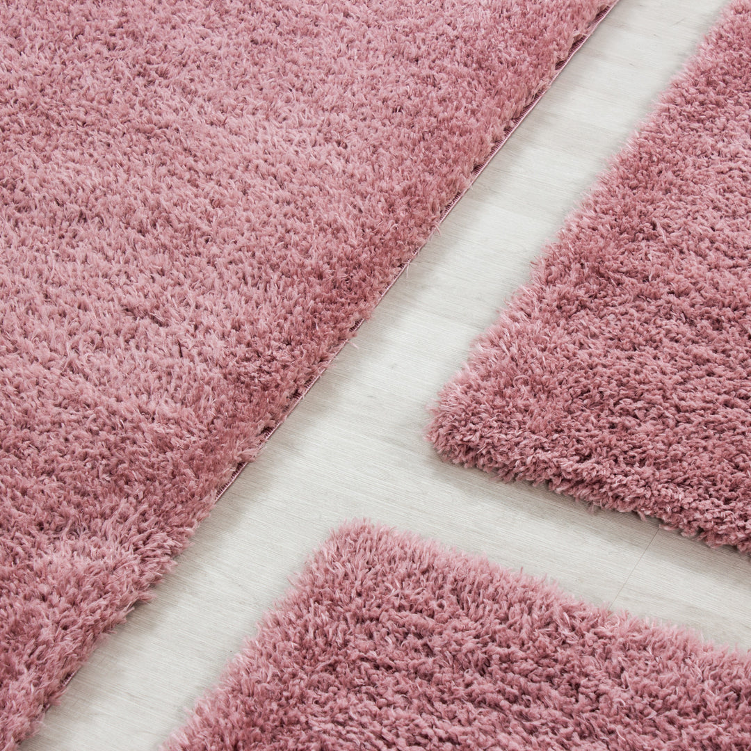 Bettumrandung Schaffel Teppich Läuferset 3 teilig Hochflor Einfarbig Langflor Schlafzimmer Flur Farbe Rose
