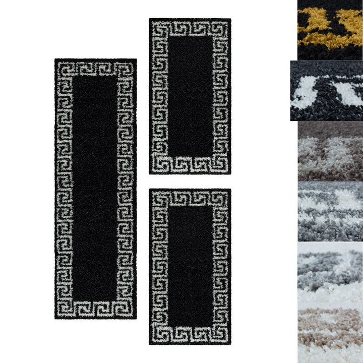 Teppich Läufer Set Schlafzimmer Hochflor Shaggy Bettumrandung Muster Antik