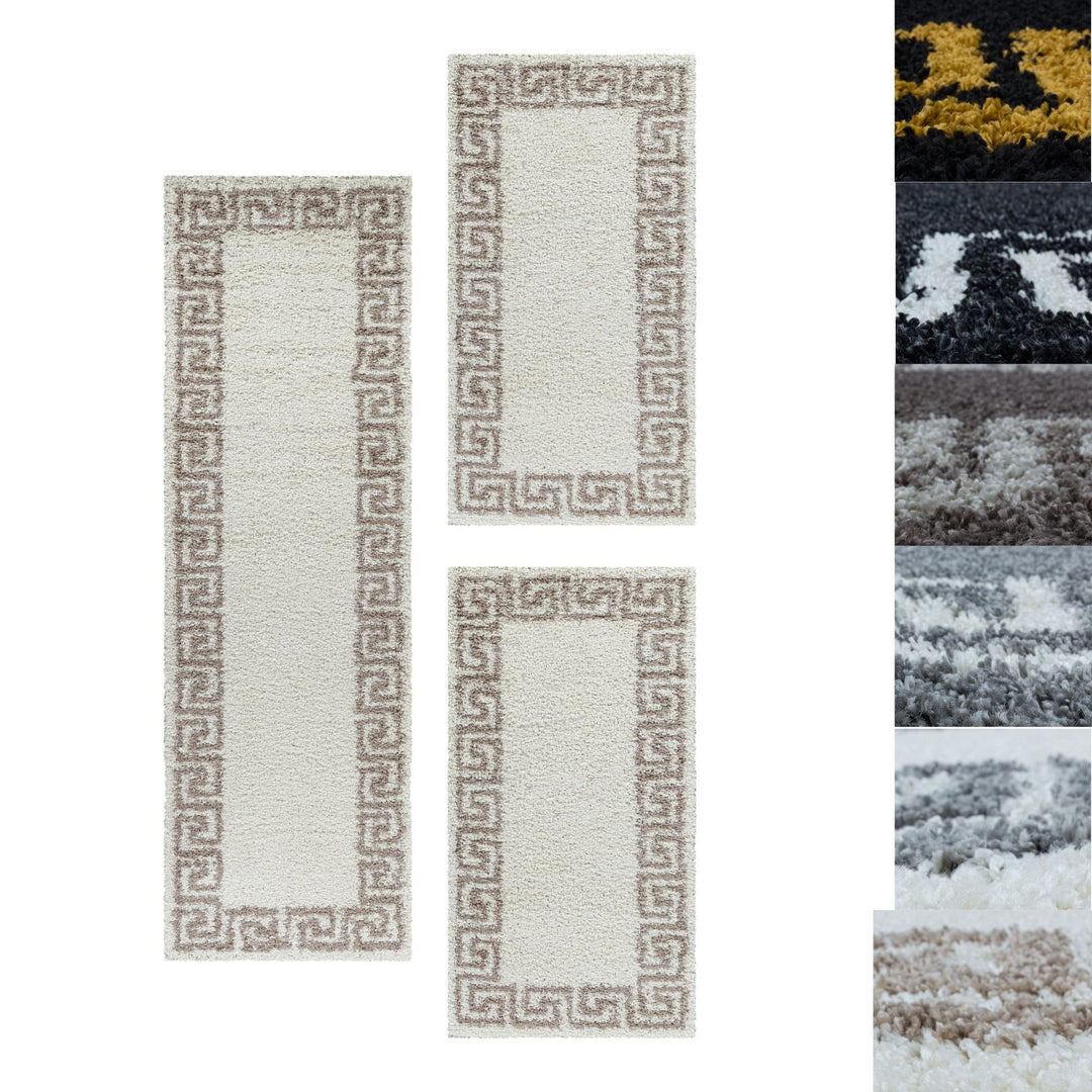 Teppich Läufer Set Schlafzimmer Hochflor Shaggy Bettumrandung Muster Antik