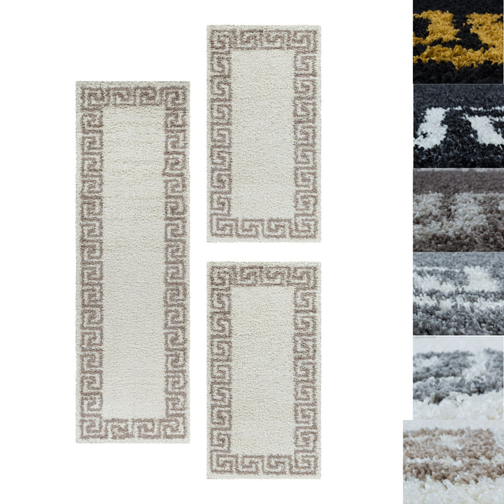 Teppich Läufer Set Schlafzimmer Hochflor Shaggy Bettumrandung Muster Antik