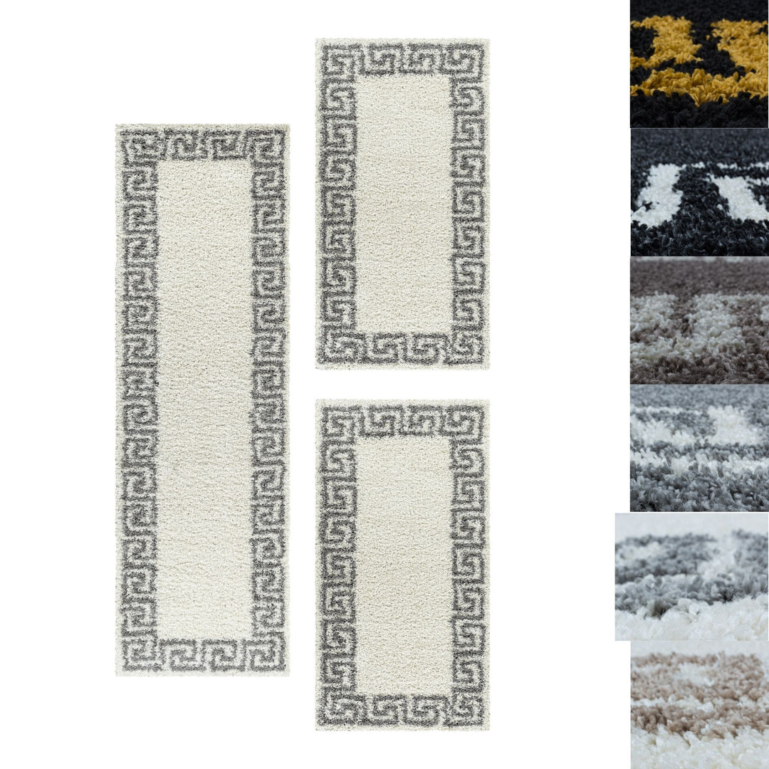 Teppich Läufer Set Schlafzimmer Hochflor Shaggy Bettumrandung Muster Antik