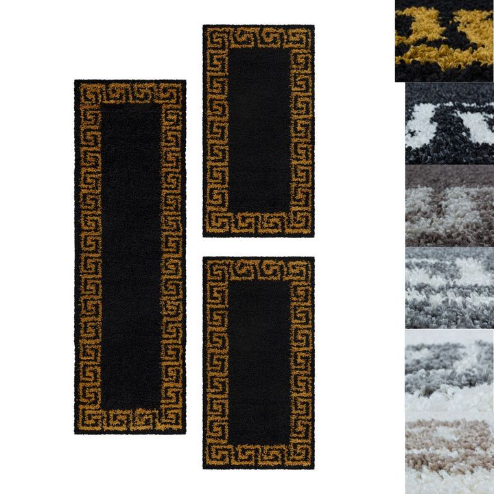 Teppich Läufer Set Schlafzimmer Hochflor Shaggy Bettumrandung Muster Antik