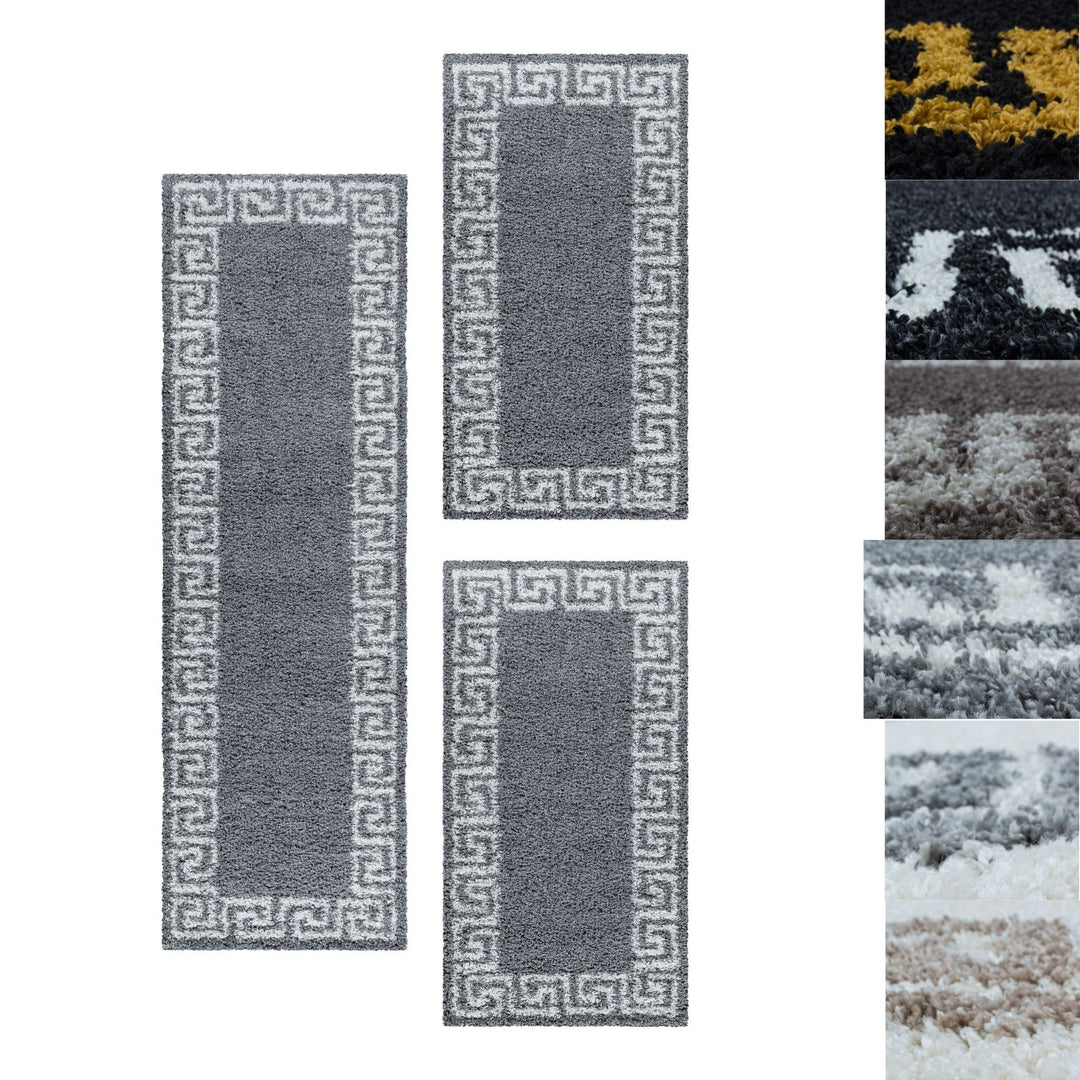 Teppich Läufer Set Schlafzimmer Hochflor Shaggy Bettumrandung Muster Antik