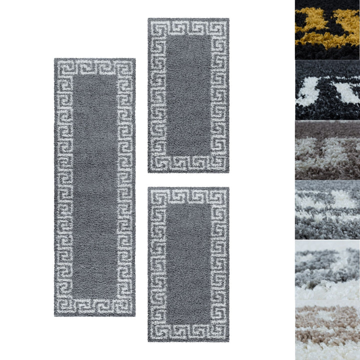 Teppich Läufer Set Schlafzimmer Hochflor Shaggy Bettumrandung Muster Antik