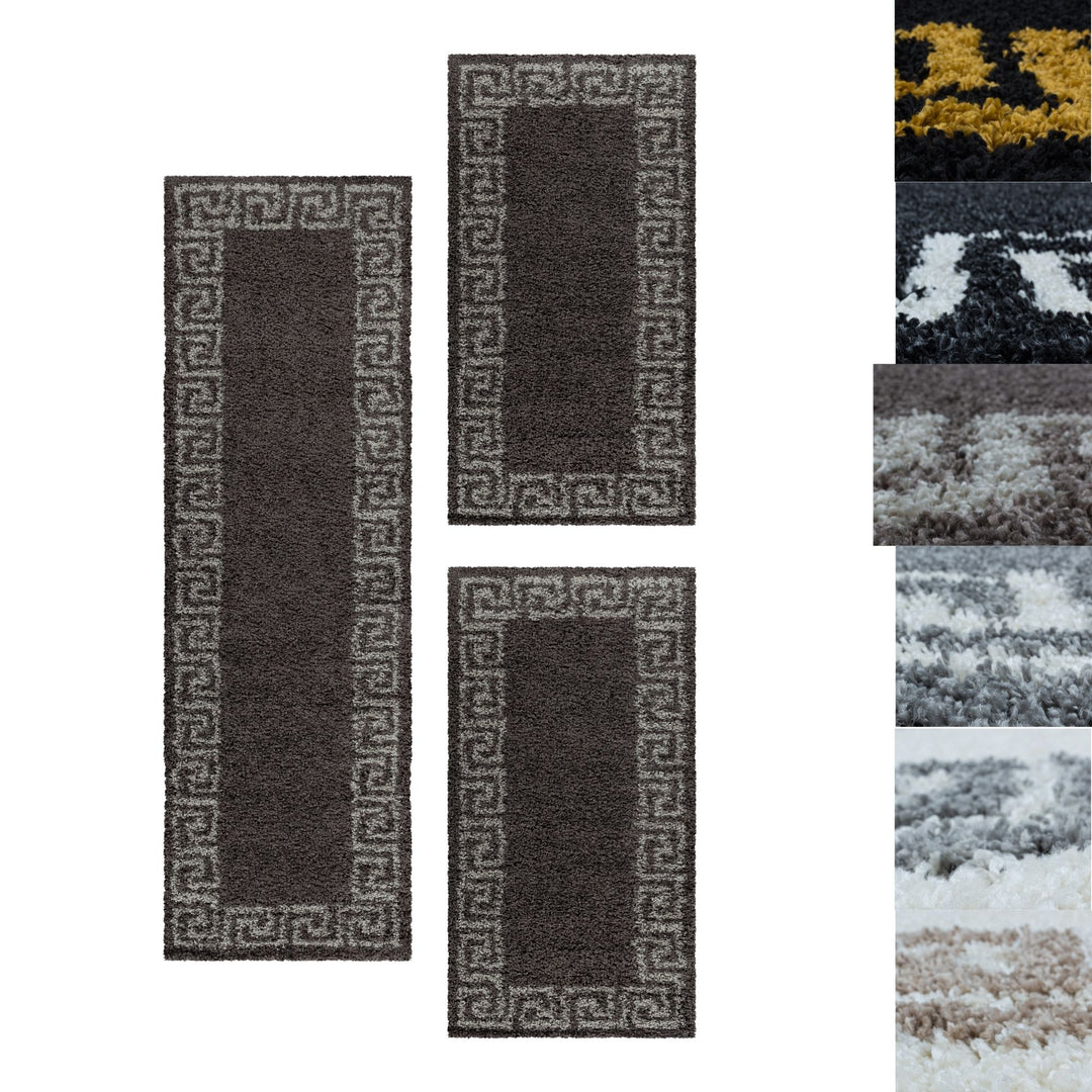 Teppich Läufer Set Schlafzimmer Hochflor Shaggy Bettumrandung Muster Antik