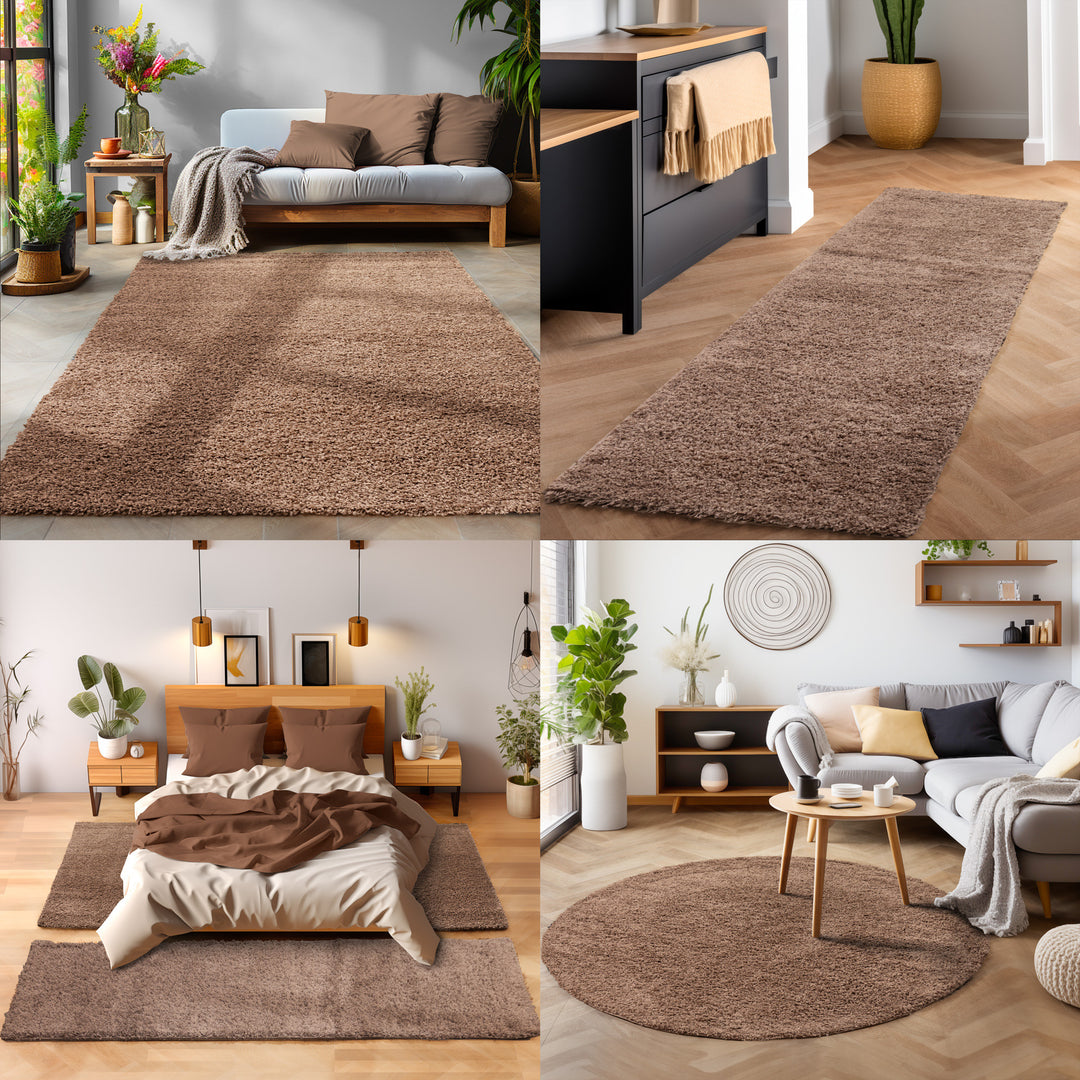 Hochflor Teppich VITA Wohnzimmer Shaggy Langflor Einfarbig Mokka Braun|SIMRUG.DE – Simpex24