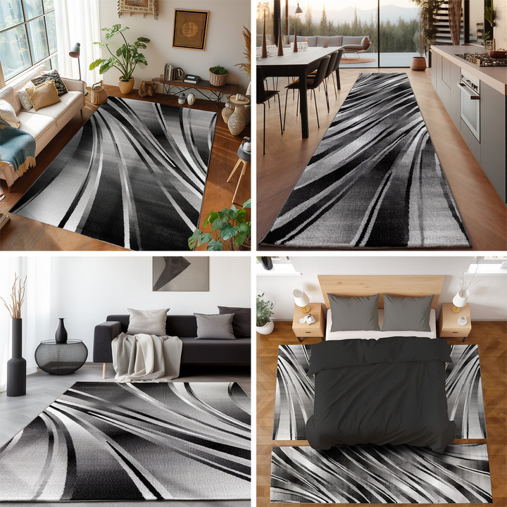 Teppich Wohnzimmer Schlafzimmer Esszimmer Teppich Läufer Flur Küchenteppich Modernes Wellen Muster Soft & Weich Kurzflor Pflegeleicht Home Farbe: Schwarz