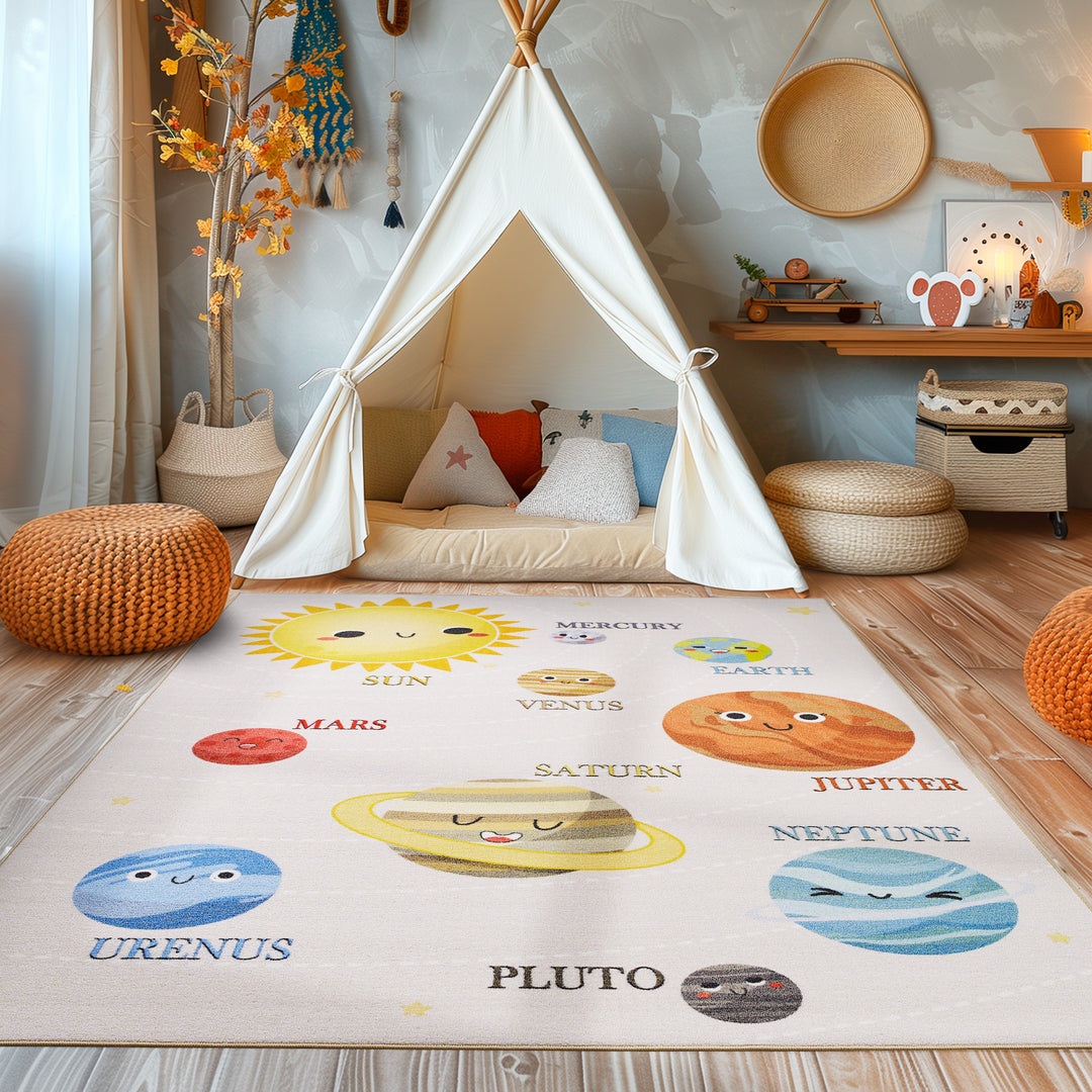 Kinderteppich Spieltepppich Für Kinderzimmer Mit Planeten Sonnensystem Babyzimmer Teppiche Spielteppich für Jungen und Mädchen Teppich Creme Waschbar und Rutschfest