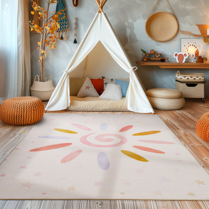 Teppich Kinderzimmer Sonnen Design Kinderteppich  Babyzimmer Teppiche Spielteppich für Jungen und Mädchen Teppich Creme Waschbar und Rutschfest
