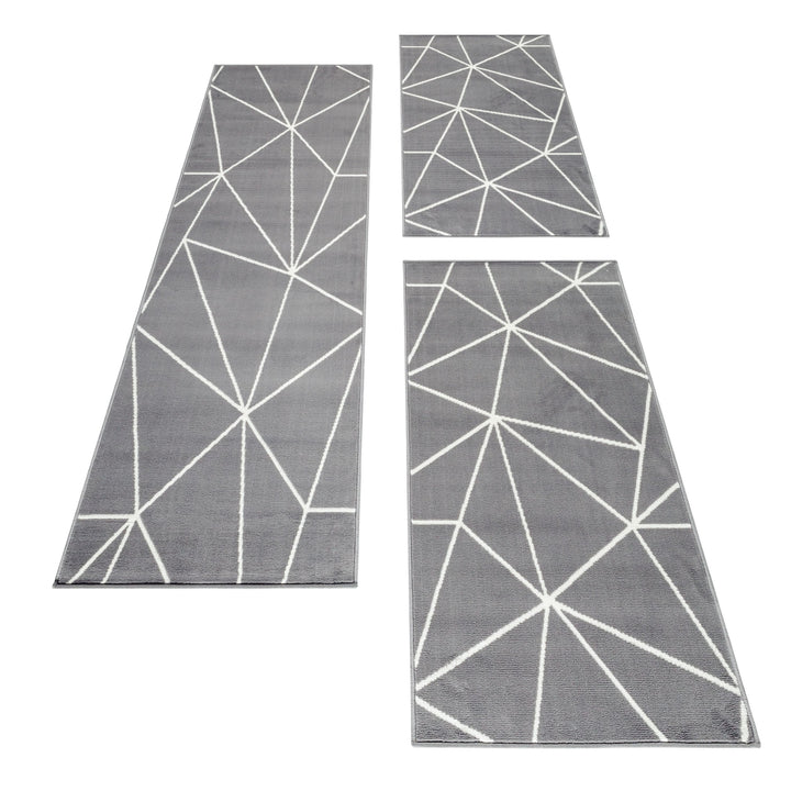 Teppich Läufer Set Schlafzimmer Kurzflor Weich Bettumrandung Grau Dreieck Motiv