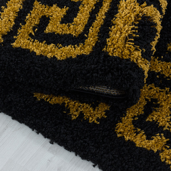 Teppich Läufer Set Schlafzimmer Hochflor Shaggy Bettumrandung Muster Antik Gold