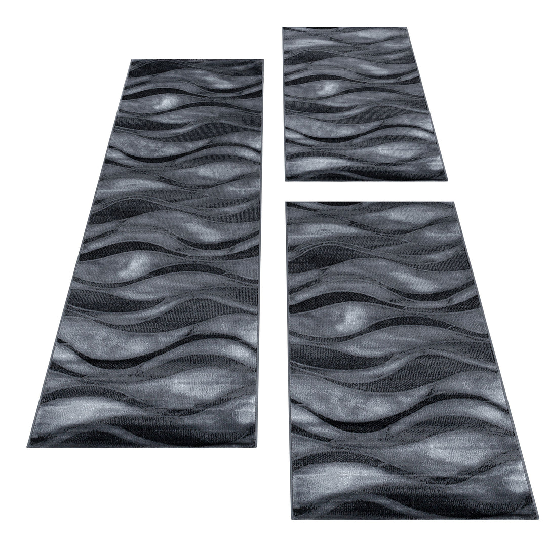 Teppich Läufer Set Schlafzimmer Kurzflor Bettumrandung Wellen Muster Schwarz