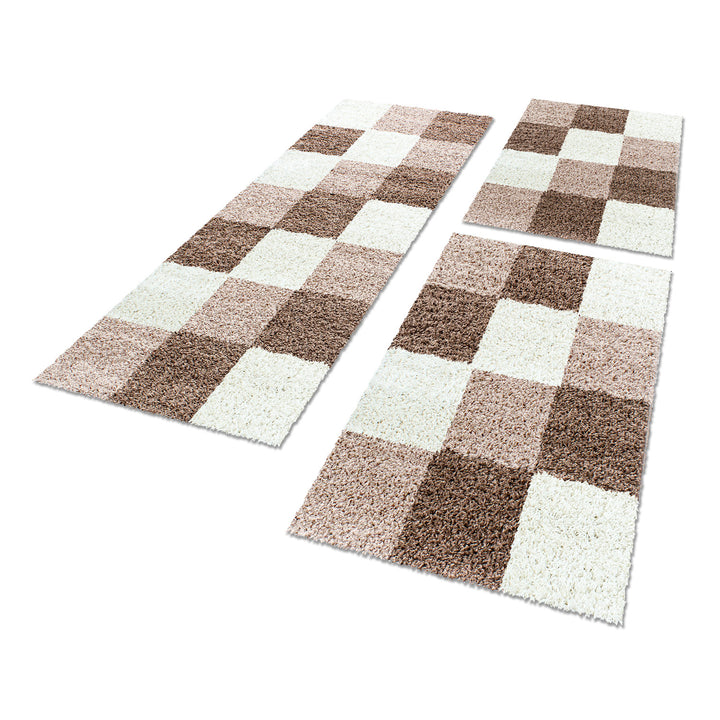Ensemble de tapis de passage CARO tapis de chambre bordure de lit à poils longs 3 parties